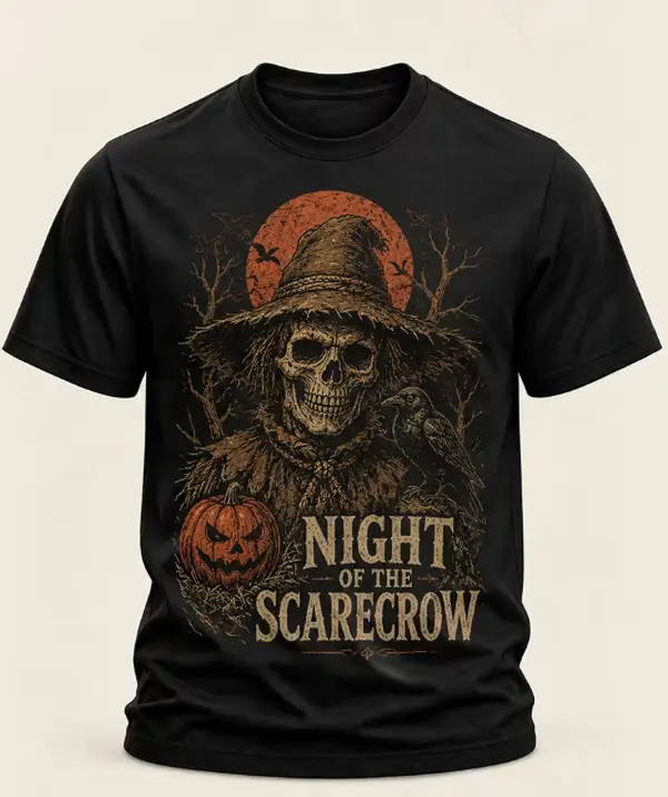 Men's Night of the Scarecrow T-Shirt - Scarecrow Skull & Pumpkin Vintage Dark Harvest Graphic Tee, 190G Short Sleeve Crewneck with Front & Sleeve Print, Suitable for Halloween Party, Haunted Farm, Fall Festival, Casual Autumn Outfits