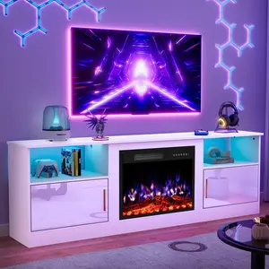 70" Fireplace TV Stand with 23" Electric Fireplace for TVs Up to 80 inch, Modern LED Light Entertainment Center with High Gloss Storage Cabinet, Media TV Consoles for Living Room
