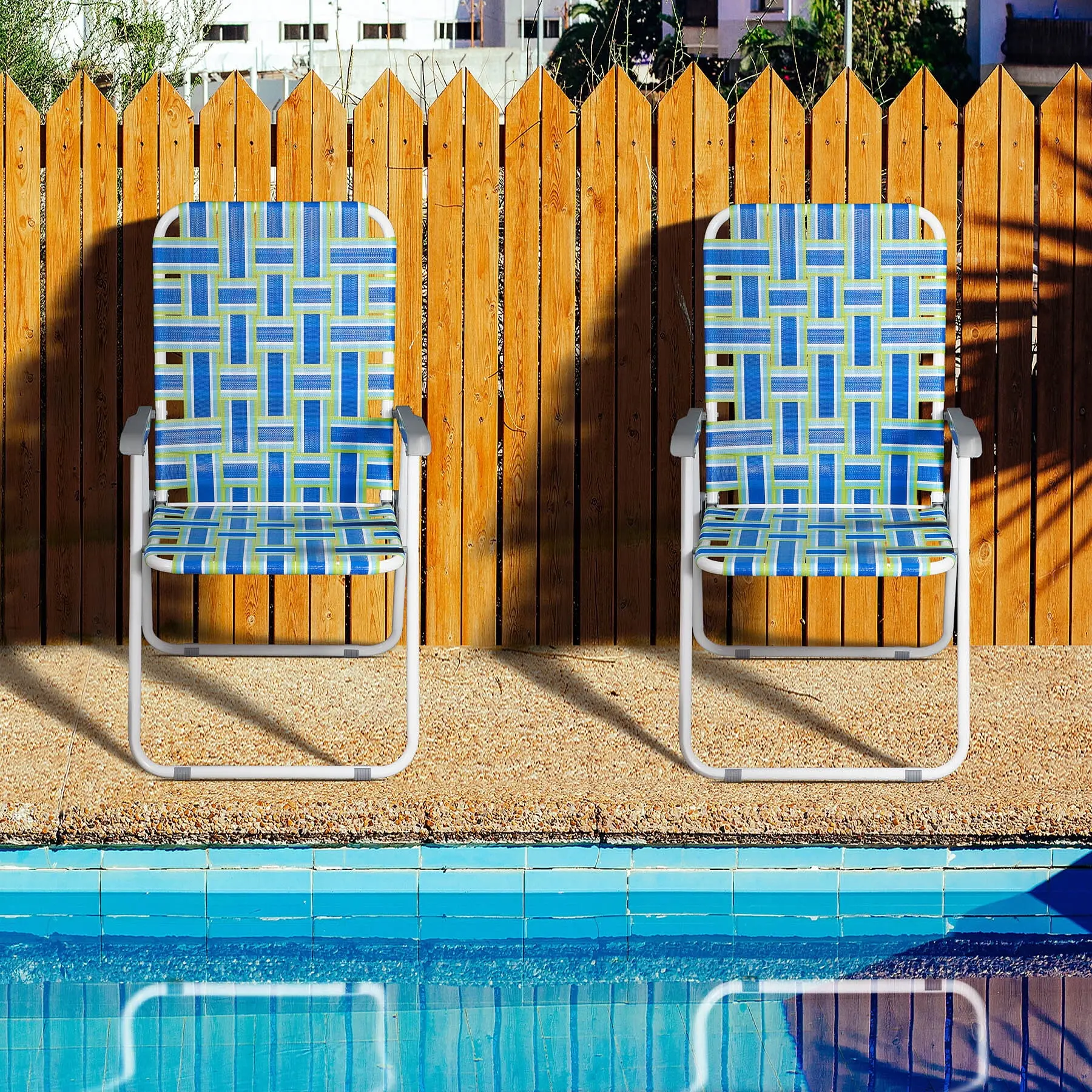 2-Pack Armless High-Backrest Patio Lawn Chairs - Metal Frame, PE Webbed Seats, Compact Fold, Easy Unfold, 260lbs Load Capacity, Portable Blue/Green Garden Outdoor Seating, All Seasons Use for Backyard Relaxation, Camping, Versatile