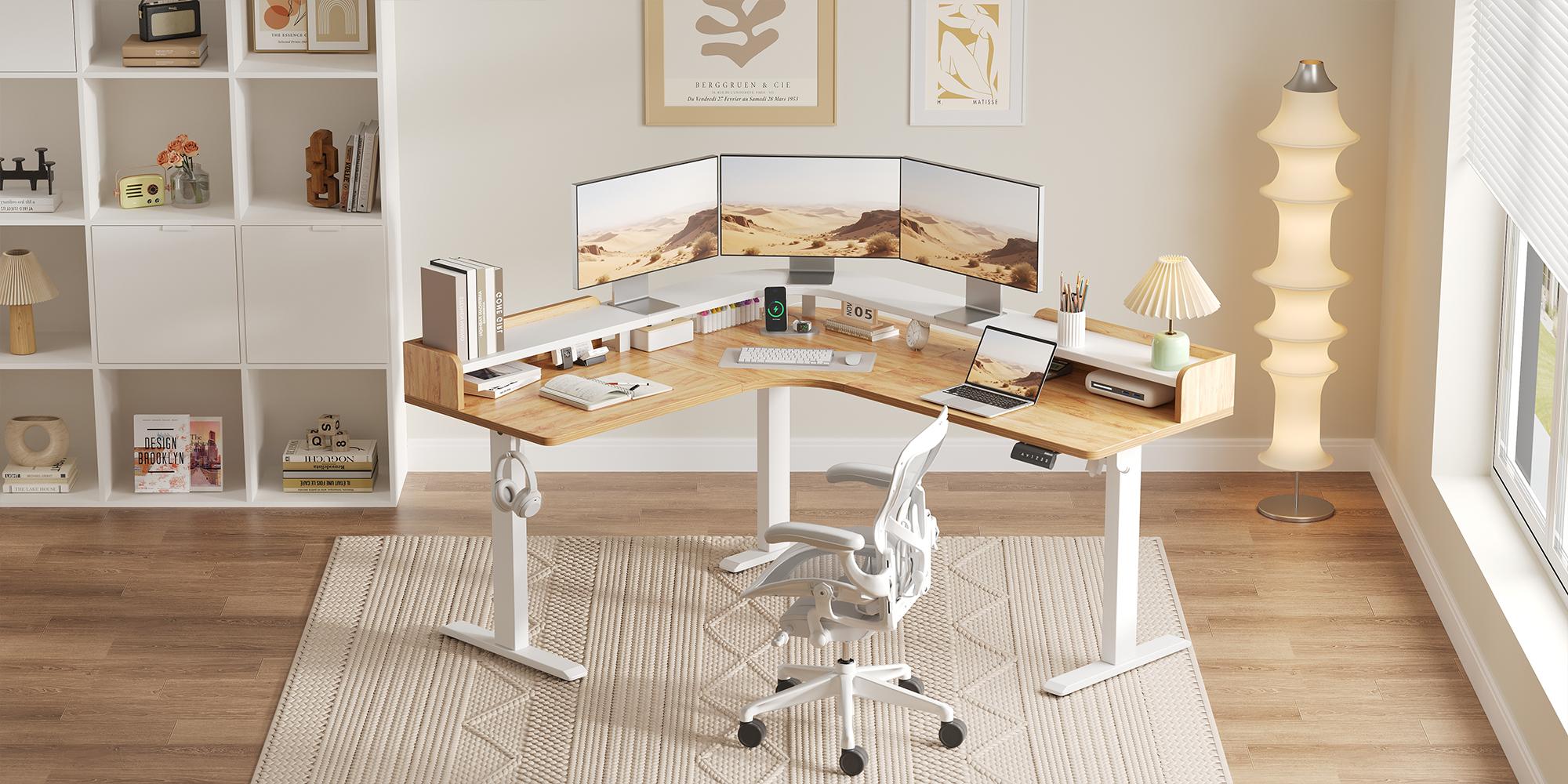 62.9" Electric L Shaped Standing Desk ,Adjustable Height Corner Desk with Monitor Shelf, Sit Stand Table for Home Office Computer Workstations,Splice Board,Gaming Desks Gifts for Men and Women,Rustic Brown/White/Black/Light Rustic Brown 62.9" Electric L Shaped Standing Desk ,Adjustable Height Corner Desk with Monitor Shelf, Sit Stand Table for Home Office Computer Workstations,Splice Board,Gaming Desks Gifts for Men and Women,Rustic Brown/White/Black/Light Rustic Brown