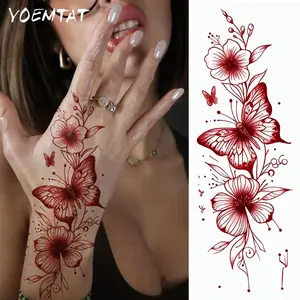 1 Sheets Big Size Body Art Temporary Tattoo Stickers For Women, Red Butterfly Flower Pattern, Waterproof Fake Tattoo, Lasts 2-5 Days, Covering Scars, Arms Wrist Shoulders Legs Waist Neck Hand Chest Waterproof Temporary Tattoos