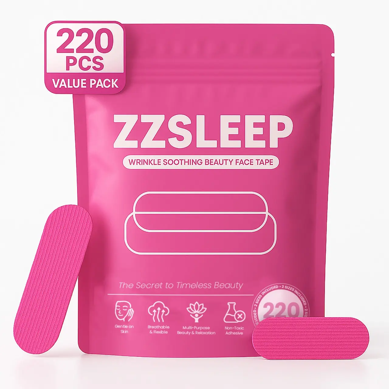 ZZSLEEP Face Tape — Overnight Anti-Wrinkle Patches for Forehead & Smile Lines, Infused with Collagen, Vitamin E & B, Aloe Vera Extract, Pre-Cut Strips in 2 Sizes, Skin-Safe & Latex-Free (220 Pcs)