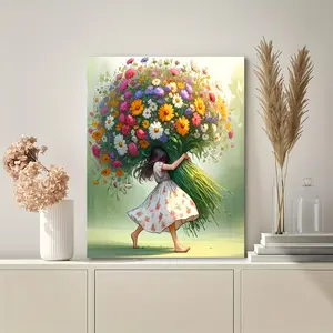 2D Flat, One Piece of Canvas Art with a Wooden Frame, Featuring a Young Girl Holding Flowers. Ideal for Decorating Living Rooms, Bedrooms, And Kitchens, This Wall Art Makes a Great Gift for Any Occasion
