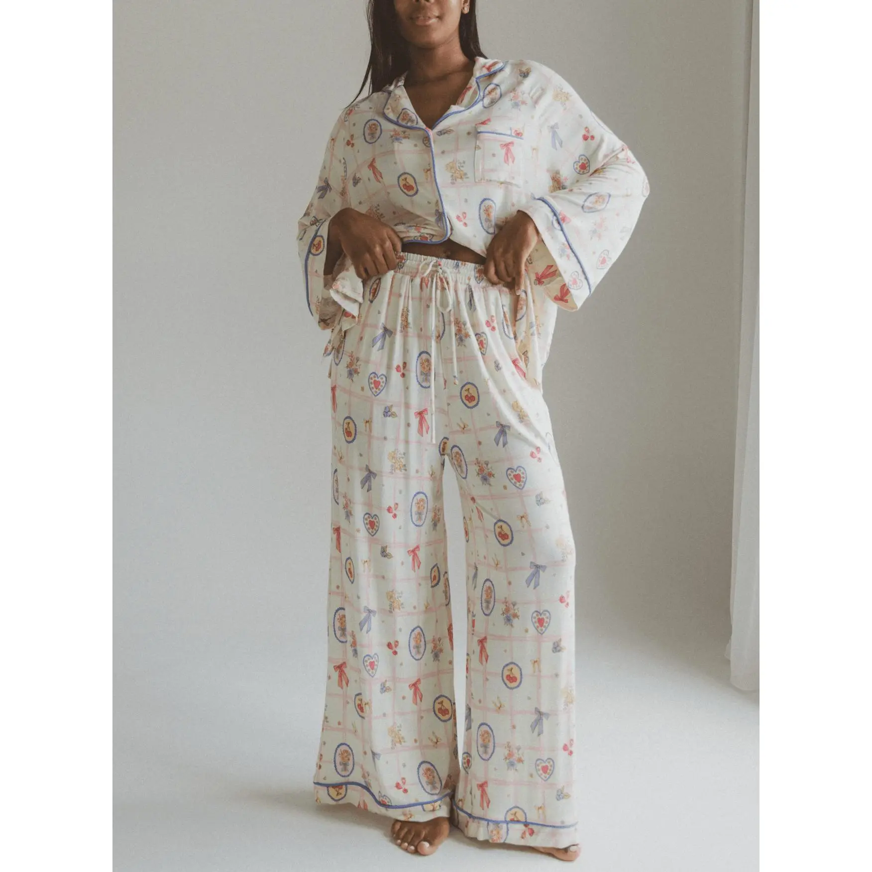 Pajama Set, Women Fruit Print Long Sleeve Top with Pants Loose Sleepwear Loungewear, Lazy Day, Relaxed Fit, Soft Touch, Comfy Wear, Cloud Stretch, Comfort Zone, Night In Essential, In wardrobe staple chic style