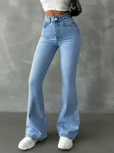 Nvfelix Women's High-Waisted Elastic Slim Fit Fitted Jeans Pants, Casual Basic Micro Flare Denim Trousers, Elegant Chic Long Regular Fit, Natural Waist Womenswear
