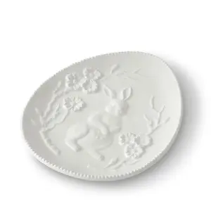 8.75 Inch White Ceramic Easter Bunny Embossed Egg Plate