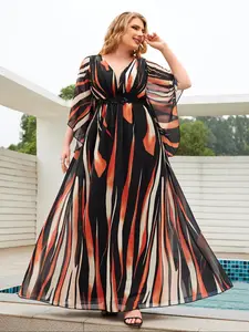 【Plus Size】 Graphic Print Chiffon Dress, Elegant Long Sleeve V Neck Cover Up Dress for Beach Holiday Vacation, Women's Clothes for All Seasons, Casual, Womenswear