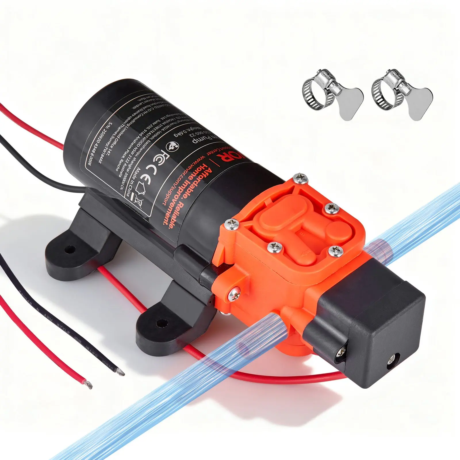 VEVOR 12V DC Pure Copper Self-Primed Diaphragm Water Pressure Pump, 2-Chamber, 1.2 GPM Flow, 80PSI Max Pressure, Quiet Operation, 2 Hose Clamps, Stainless Steel, 10 ft, 72w, Cooling, Durable Housing, for Caravan, Garden Irrigation, Not Water-Resistant