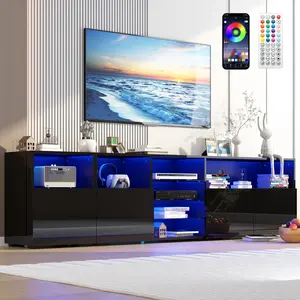 79IN LED TV Stand for 75/80/85inch TV,High Glossy Modern TV Stand for Living Room,TV Entertainment Center with Adjustable Storage Shelf,RGB LED Lighting,TV Console (Black/White)