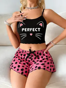 Women's Summer Sleepwear Set, Sexy Halter Top, Cartoon Letter Print, Polka Dot Bow Decor, Comfortable Lounge Wear, Casual Home