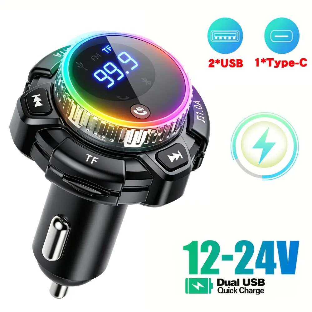 2026 New Bluetooth 5.3 Car Charger with Rotary Volume Knob, Powerful Deep Bass HiFi Sound, PD 3.0 Fast Charging, RGB Ambient Atmosphere Light, Hands-Free Calling, FM Transmitter & TF Card MP3 Player for Car