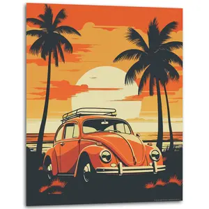 “Sunset” - Retro Volkswagon Beetle Poster - VW Beetle - Beach VW Poster - Cool Classic Poster - (Unframed) - 11x14 Inches