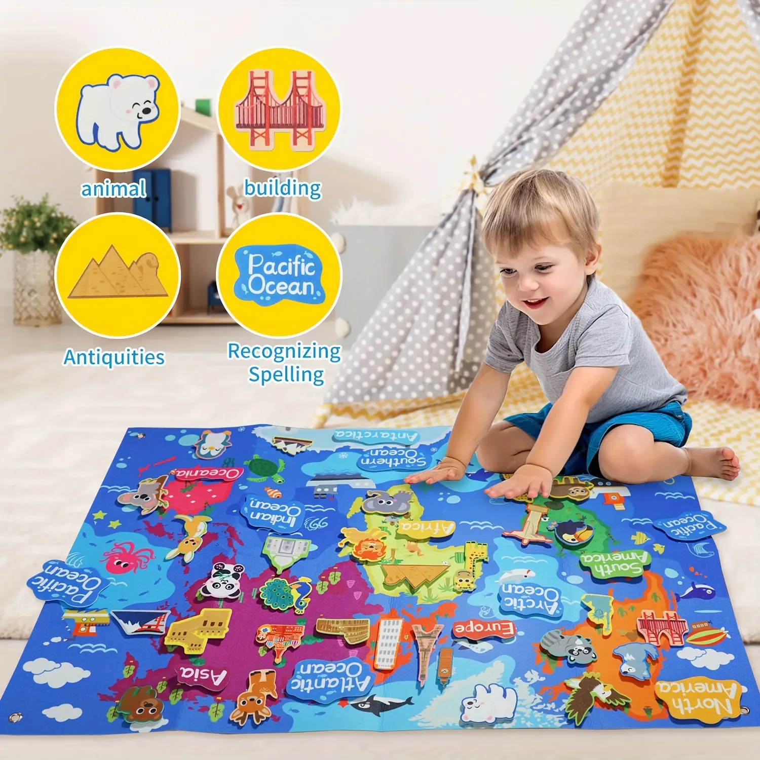 40x28in Large World Map Felt Board Set for 3-6 Years Beginners - Educational Geography Flannel Board with 30+ Felt Pieces, Animals, Landmarks - Preschool Interactive Wall Toy with Wall Hooks for Kid Room, Montessori Use