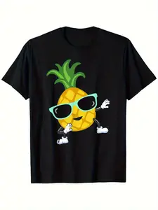 Boys' Funny Dabbing Pineapple Fashion Glasses Graphic T-Shirt - Black Cotton Crew Neck Short Sleeve, Breathable & Moisture Wicking, Casual Summer Tee for, Summer Clothing |   Trendy Pineapple Design |   Breathable Cotton (3-13Y)