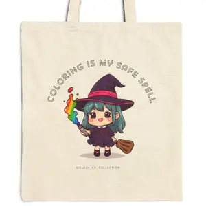 Coloring Is My Safe Spell Tote Bag - Large | Cute Witch Illustration Halloween Tote