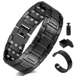 Men's Titanium Steel Magnetic Bracelet with 3500 Gauss Magnets – Black Textured Design, Stylish Father's Day Gift for Men, Wellness Accessory | Sophisticated Style | Durable Jewelry, Magnetic Jewelry Comes With A Beautiful Gift Box And Adjustment Tool
