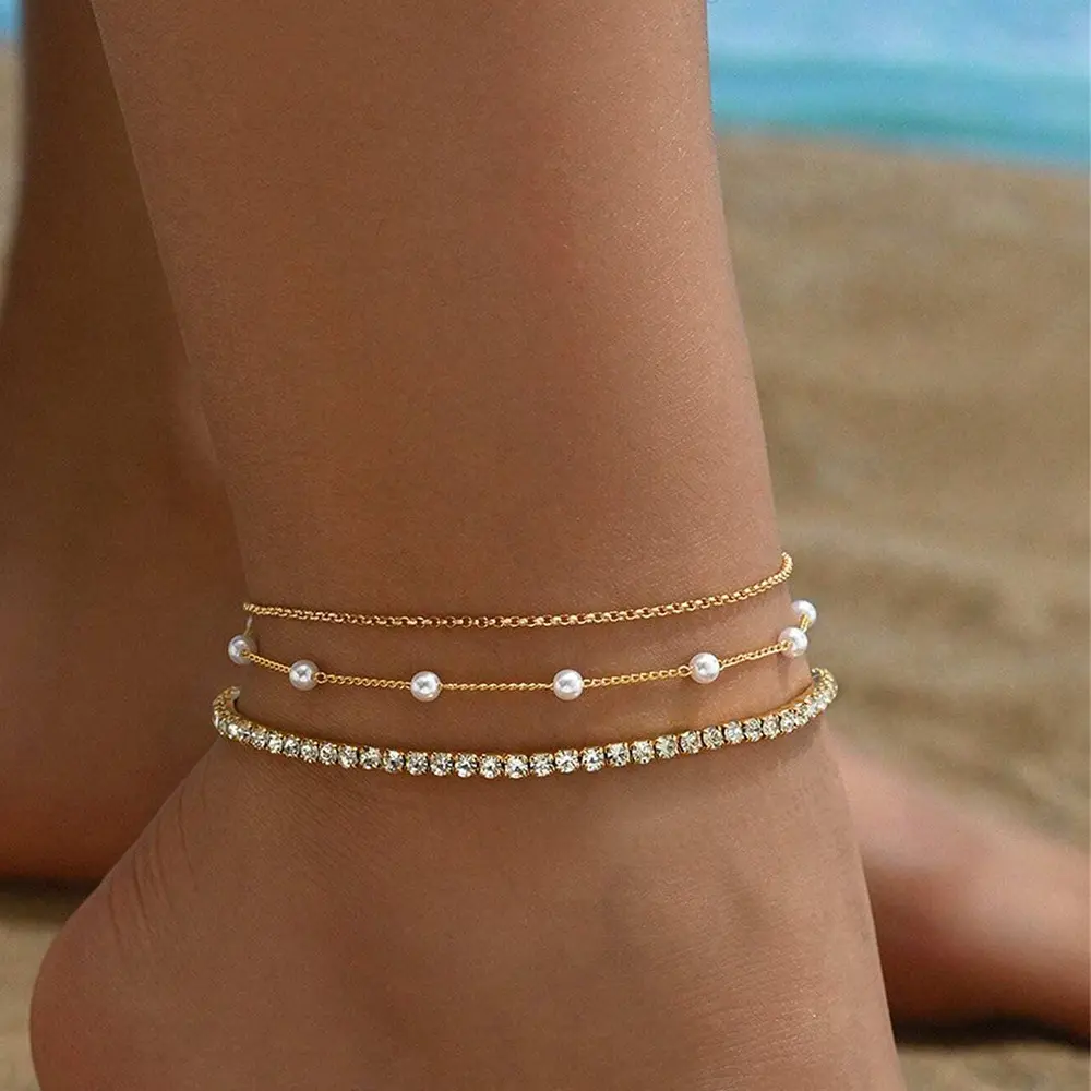 Pearl Ankle Bracelets Set for Women Tennis Bracelet Dainty 14K Gold/Silver Plated Beaded Ankle Bracelets for Women Cubic Zirconia Ankle Bracelet Stack Pearl Jewelry Set