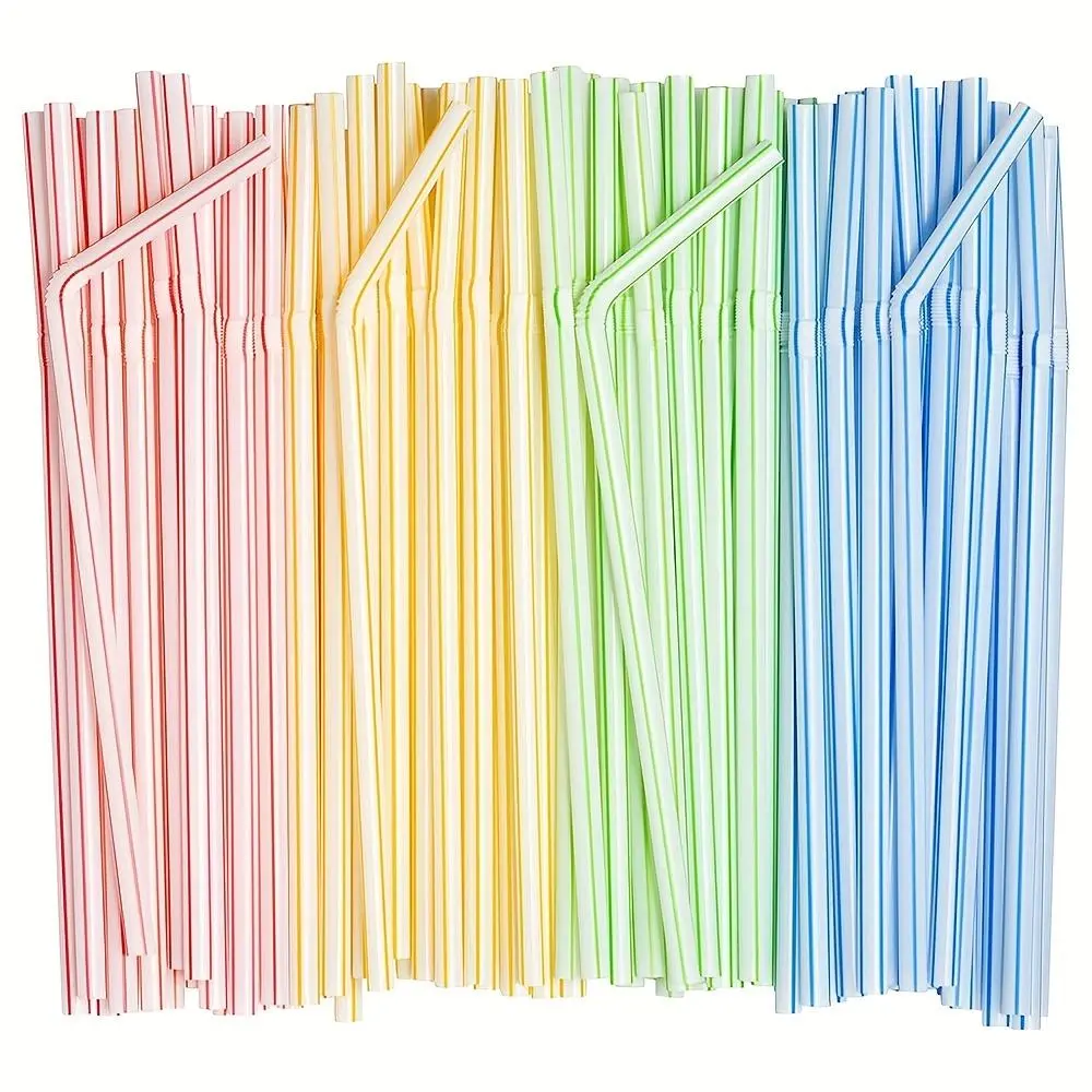 Striped Pattern Disposable Straw, 100pcs Multicolor Flexible Bending Plastic Straws, Bendable Drinking Straw, Bent Straws for Party, Festive & Party Supplies
