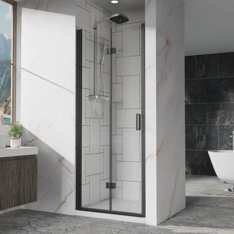 Goodyo 30"x 72" Pivot Bifold Frameless Glass Shower Door 1/4 inch (6mm) Tempered Clear Glass Swing Shower Panel in Black Finish, Reversible Installation