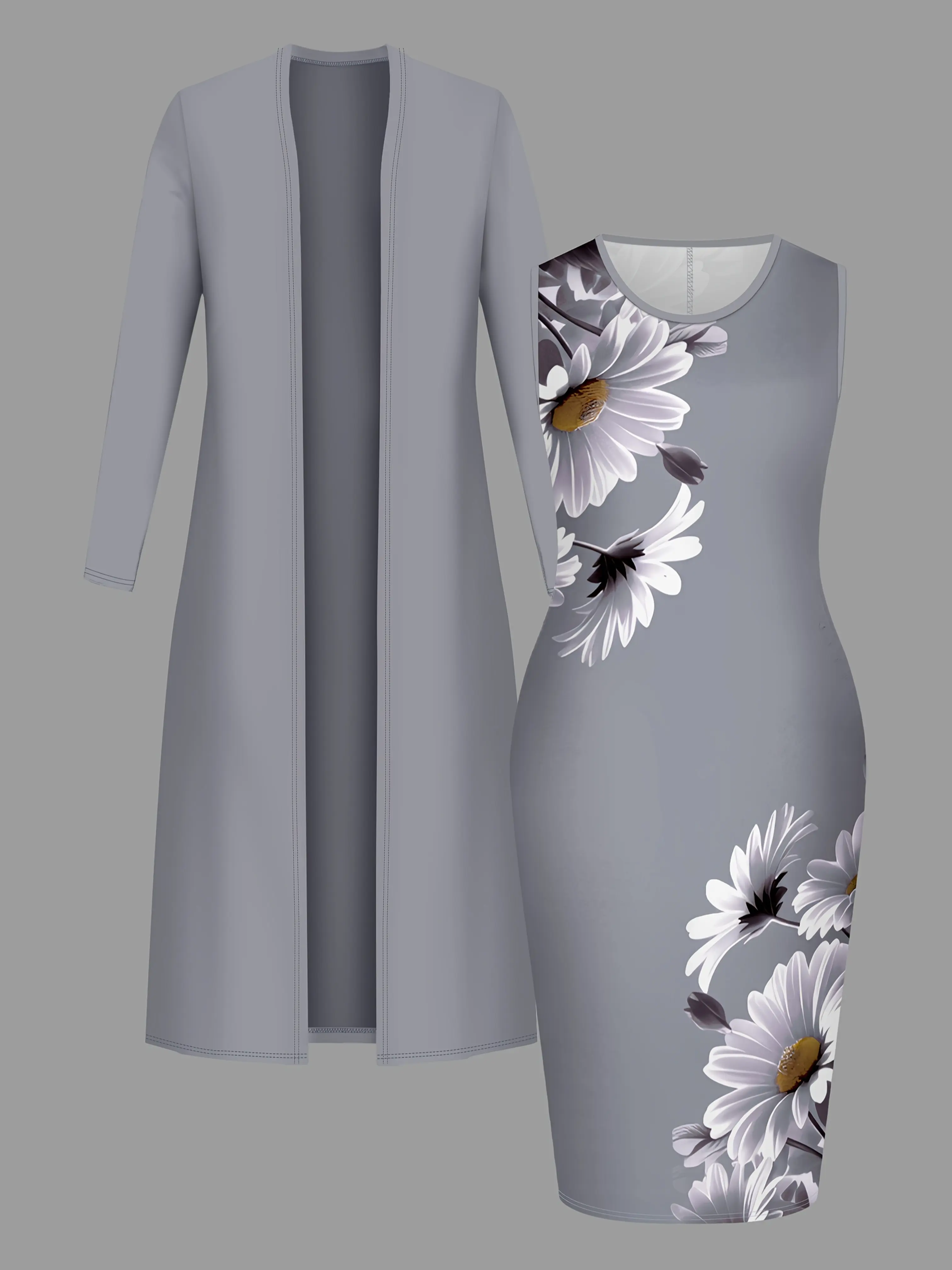 Women's 2-Piece Elegant Formal Set - Long-Sleeve Long Cardigan  Sleeveless Daisy Print Slim-Fit Mid-Length Hip-Hugging Dress for Workplace, Banquets,  Womenswear, Collared