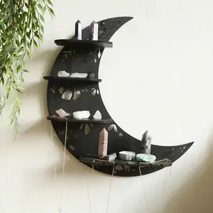 1Pc Wooden Crescent Moon Shelf with Star Cutouts – Eid Ramadan Decor, Wall-Mounted Display Shelf, Hanging Shelf for Festive Decoration, Perfect for Crystals, Essential Oils, and Small Items, Wall Mount Design