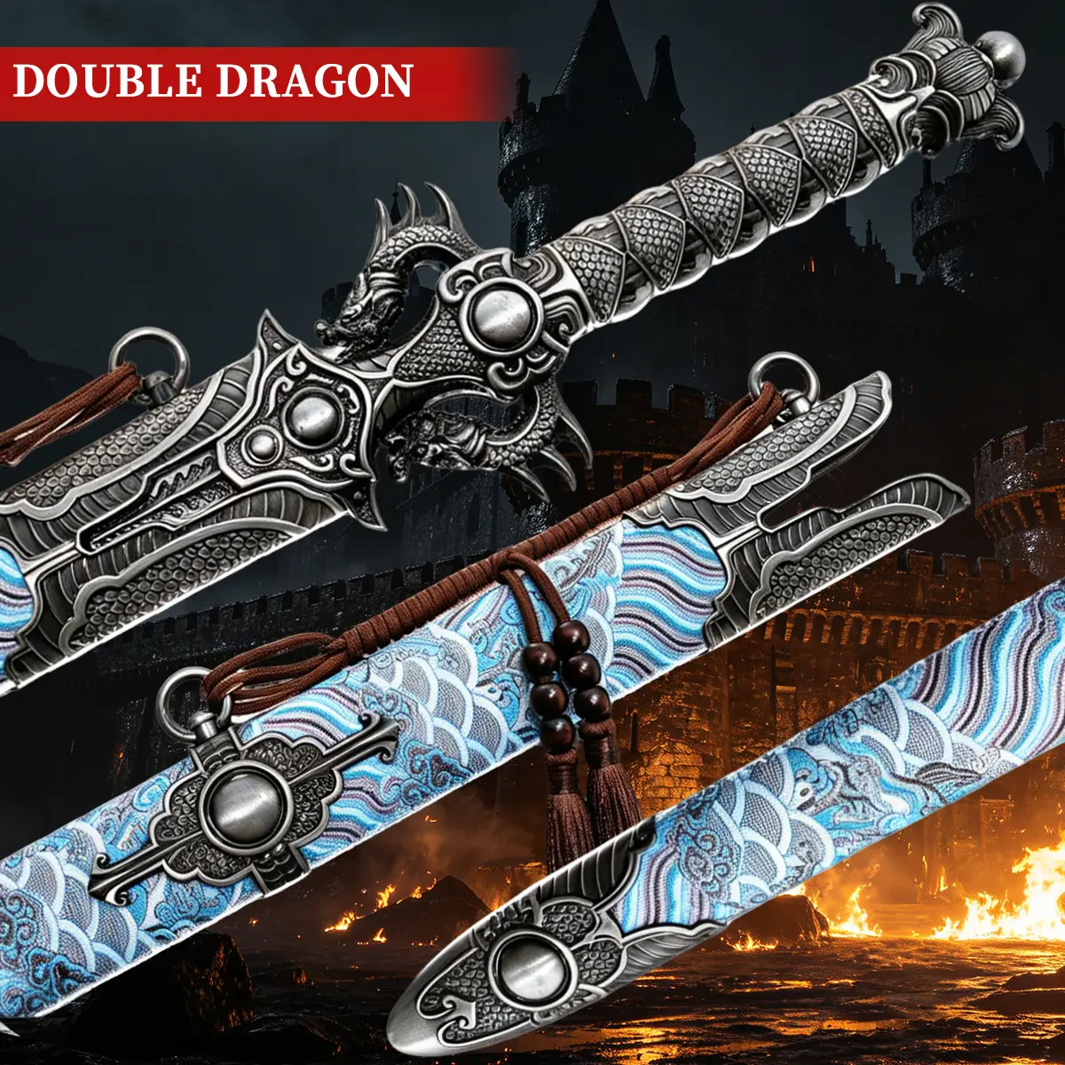 Double Dragon Handcrafted Chinese Sword 1060 Full TangHand-Forged, Heat Treatment, Blue Blade with UniqueEngraving, Exquisite Double Dragon Handle, Full Tang TangDynasty Craftsmanship, Deluxe Sword Sheath, The bestgift,No sharp