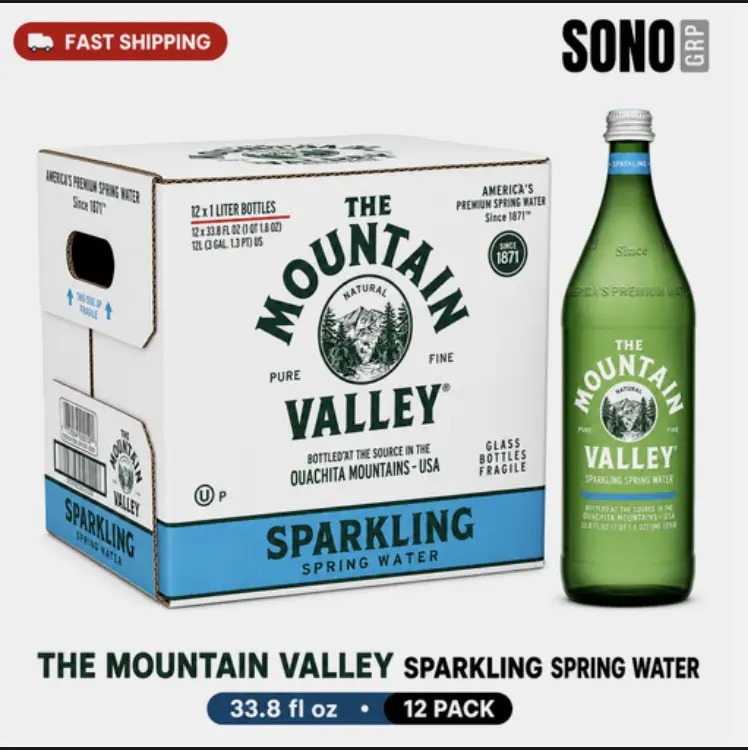 Mountain Valley Water Sparkling Water, 12-Pack Glass Bottles (1L/33.8oz) - Naturally Balanced Minerals for Crisp, Clean Drinking Experience