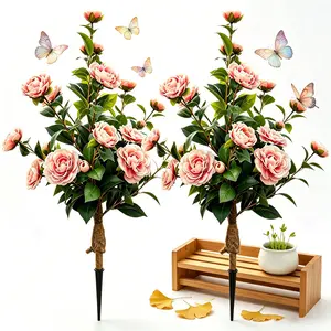 DLDA 2PCS Premium Real Touch Artificial Camellia Ground Stake Flowers, UV-Resistant Waterproof Faux Florals, Rustic Cottage Core Style, All-Season No-Fade Ornament for Outdoor Spaces, Wedding, Home Pink Decor summerwins