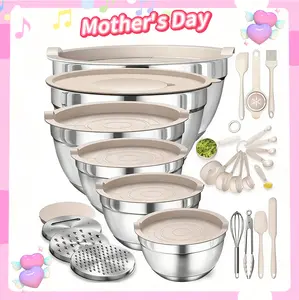 Stainless Steel Nesting Mixing Bowls Set 6Pcs, Stackable Bakeware with Lids Graters Whisk Spatulas for Home Kitchen Baking Cooking
