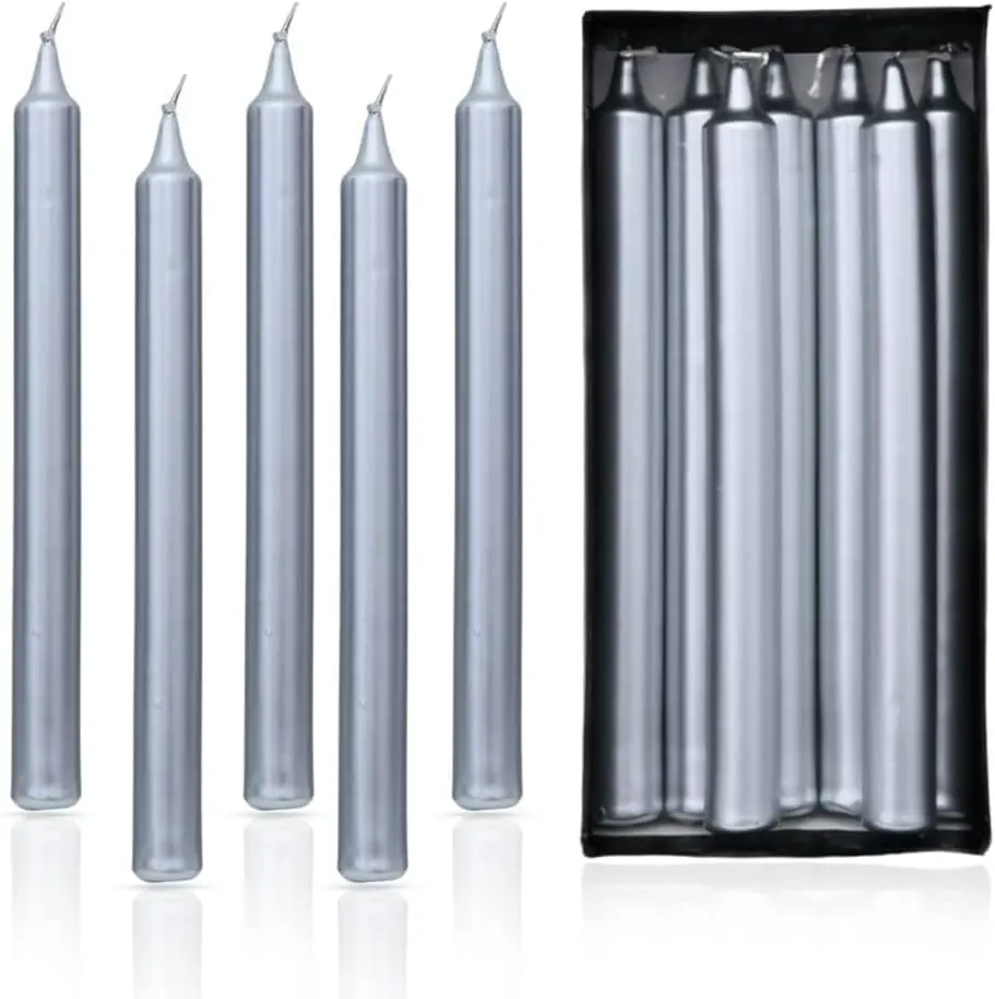10-Pack Elegant Silver Straight Candle – 9 Inch Cotton Wick Candles for Home, Event & Dining Decor (Multi Packs)