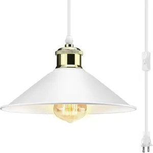 Plug in Pendant Light, Industrial Hanging Light with Plugin Cord On/Off Switch, Farmhouse Lights Plug-in Cord, Vintage PendantLight Fixture, Lamps