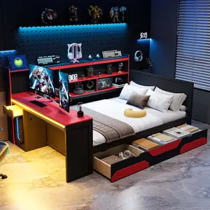 Full Size Gaming Daybed Frame with Storage,Integrated Desk and Lights, Modern Wooden Bed Frame with 3 Storage Drawers and Built-in Charging Station, Multi-Functional Headboard Bookcase, Black+Red