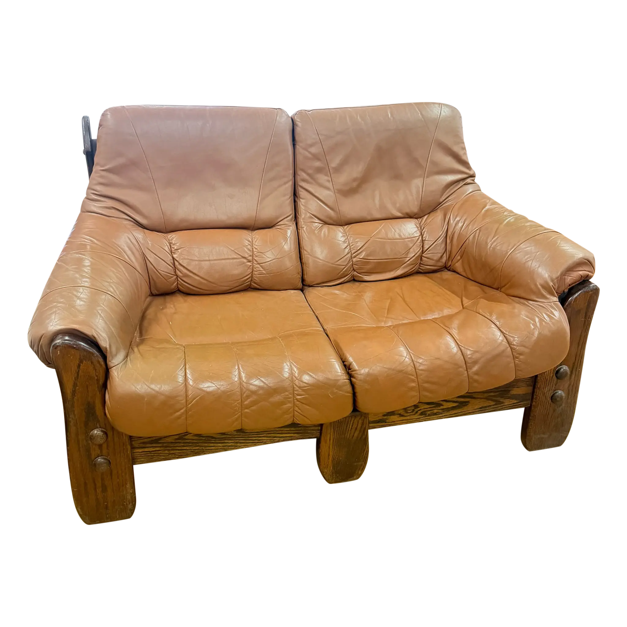 Sculptural Saddle Leather Oak Frame Loveseat