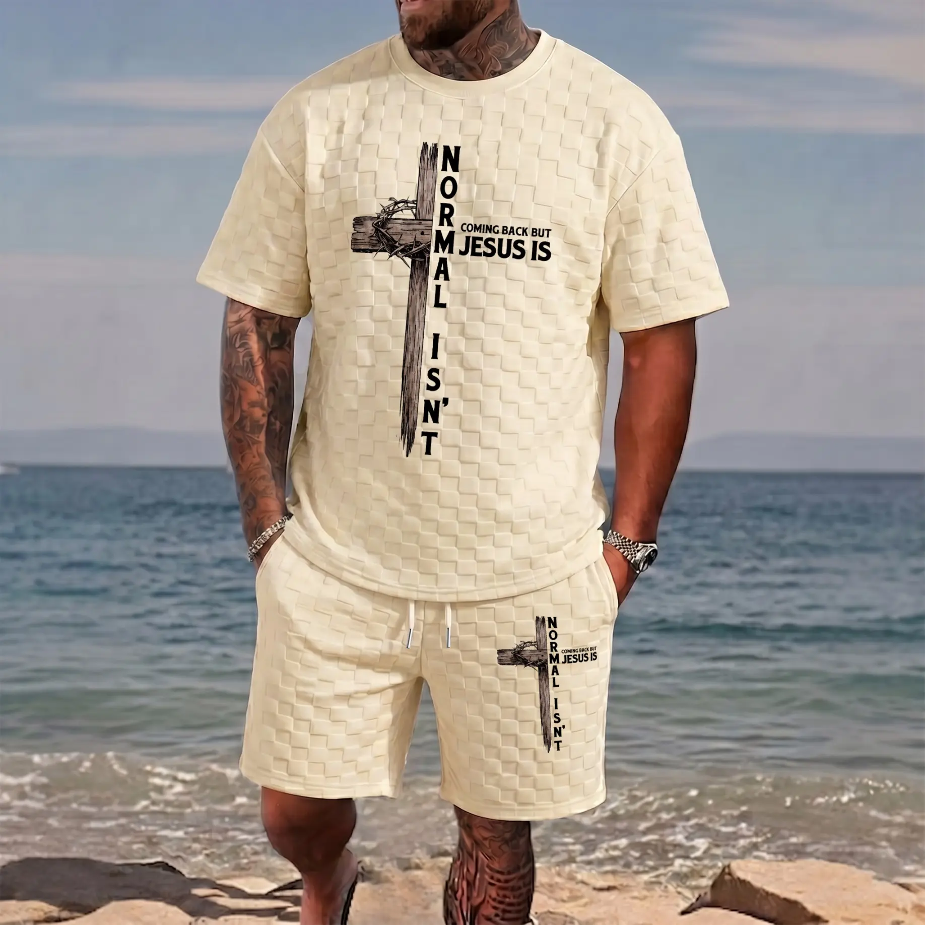 Men’s Jesus Cross Graphic Textured T-Shirt & Drawstring Shorts Set, Christian Faith Two Piece Outfit For Daily Wear And Outdoor Activities