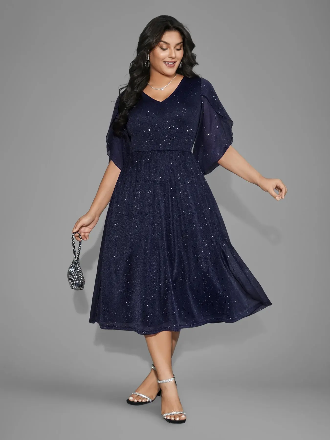 BLOOMCHIC Women's Plus Size Elegant Glitter Mesh Petal Sleeve Midi Party Dress - Festival, Wedding Guest & Going Out Outfit with Tummy Control, Pockets, Spandex Fabric Fit (2026 Summer Basic), Plus Size Fashion, Dress For Wedding Guest