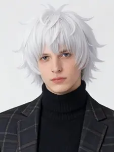 Gojo Cosplay Wig with Black Glasses,White Short Anime Wig Silver Costume Party Hair with Cap for Cosplay Show,Halloween Synthetic Material Wigs