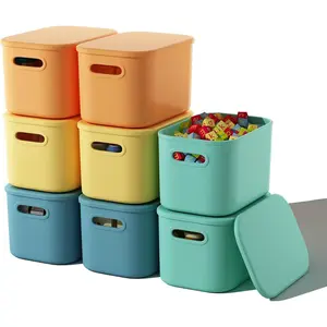 8 Pack Colorful Storage Bins with Lids Stackable Storage Container  Organizing, Storage Boxes with Handle  Shelves, Cute Storage Bin  Craft, Snacks, 9.85x6.9x5.7 inch