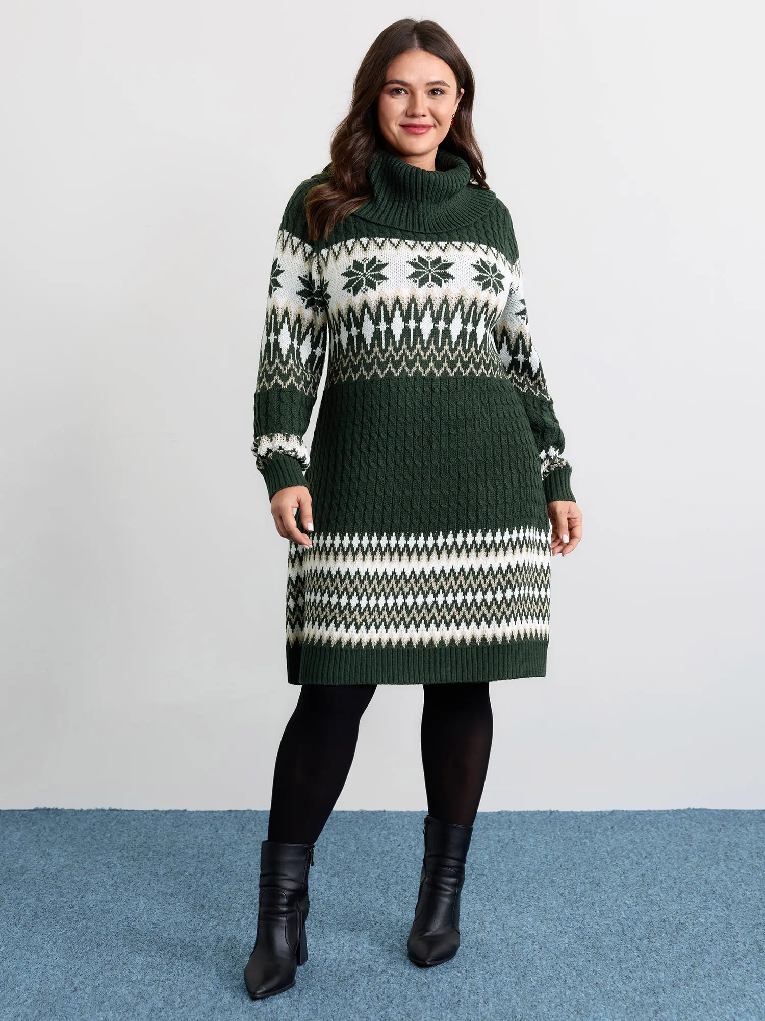 BloomChic Women's Christmas Turtleneck Sweater Dress, Casual Geometric Color Block Long Sleeve Textured Knit Garment, Fit
