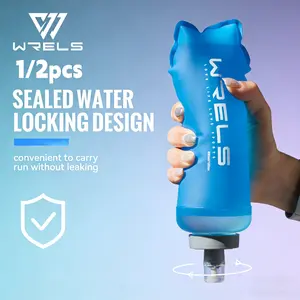 Wrels Blue Matte Soft Water Bottle, Foldable Lightweight Sports Bottle with Hanging Loop, Ideal for Outdoor Running Hiking Cycling Gym