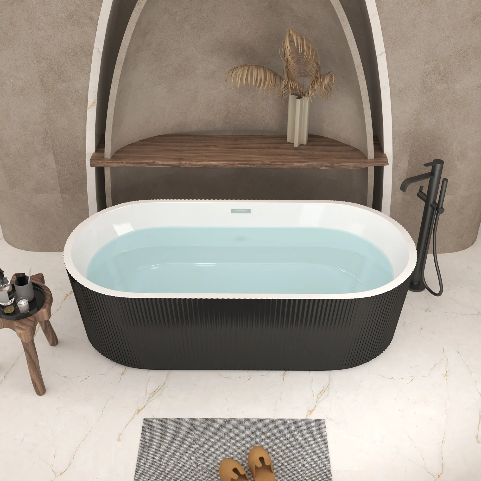 67-Inch Black Linear Acrylic Freestanding Soaking Bathtub, Glossy Rectangle Stand-Alone Tub with Chrome Pop-Up Drain, Adjustable Leveling Ft, Space-Saving, Easy to Clean for Small Bathrooms, Spa Remodel, Small Spaces