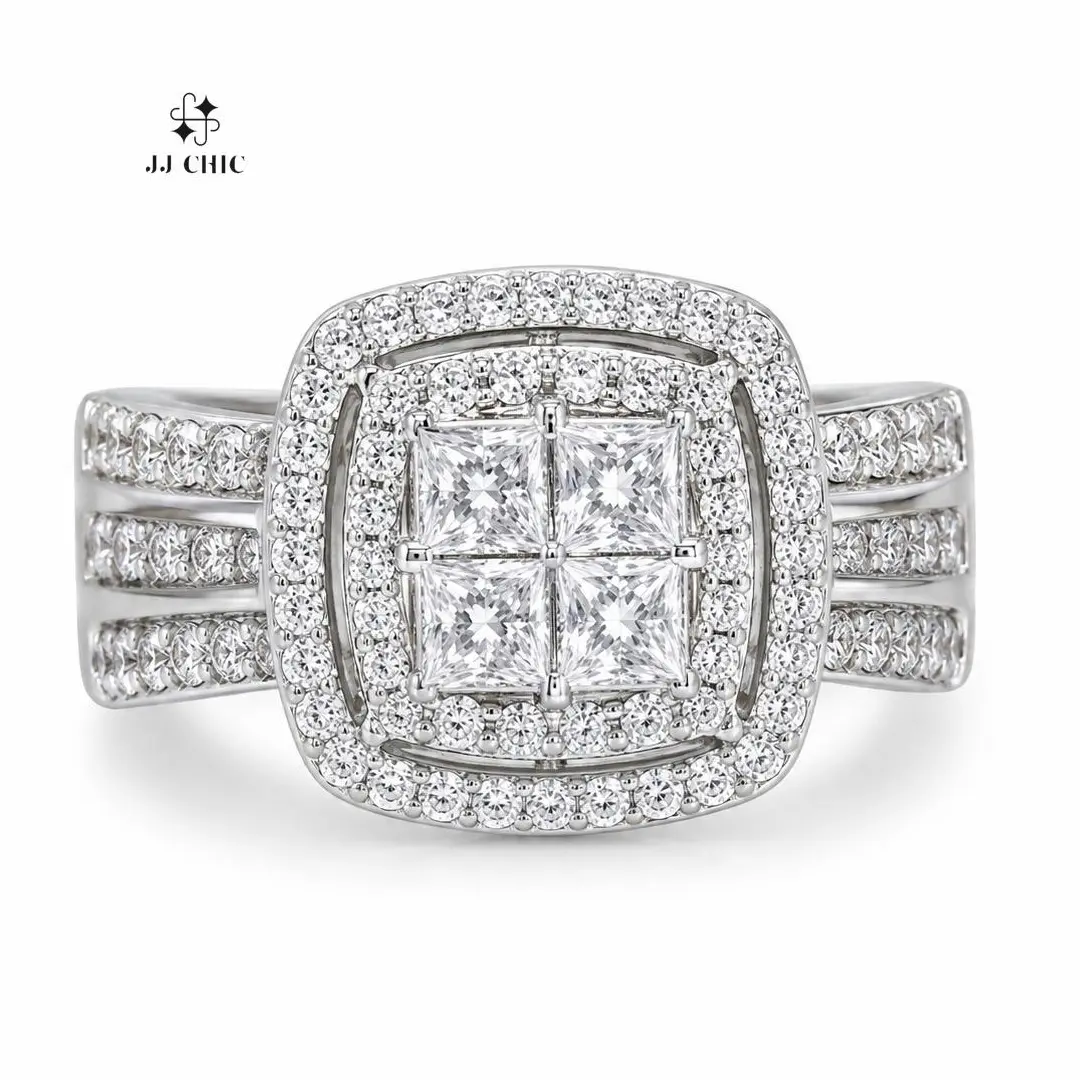 JJ CHIC Women's Square Halo CZ Ring, Sparkly Princess Cut Statement Piece, Elegant Wedding Promise Gift for Her