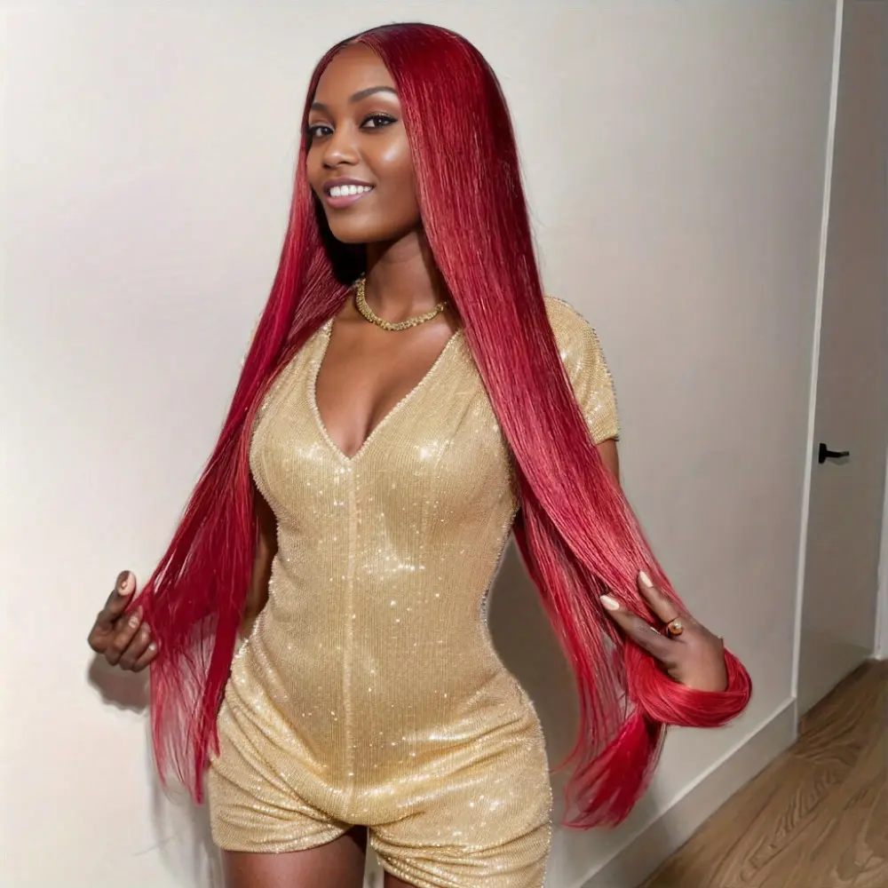 30 Inches Straight Hair Glueless Lace Wigs for Women Synthetic Long Silk Straight Natural Wig Burgundy 99J Straight 13x4 HD Lace Front Wig with Baby Hair Heat Resistant Fiber Burgundy Wig for Party Cosplay Mother's Day Holiday Christmas New Year Wig