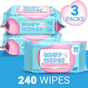 LotFancy 3 Pack Baby Wet Wipes for Infant Toddler 99% EDI Pure Water No Fluorescent Agent Zero Additives for Sensitive Newborn Baby Clean Face Hand Mouth Butt Water Wipes Large Packing for Family Use 240 Wipes