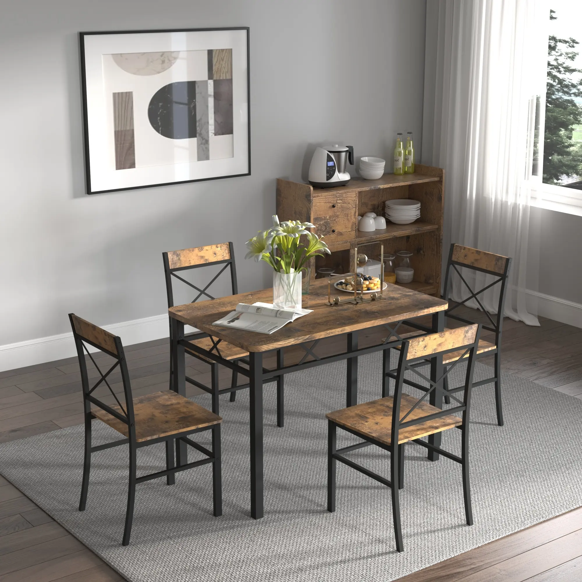 Dining Table Set for 4, 5 Piece Wood Kitchen Table with Chairs Dinning Table Set for Kitchen & Dining Room, Compact Dining Set for Small Spaces, Rustic Brown (Black+Brown)