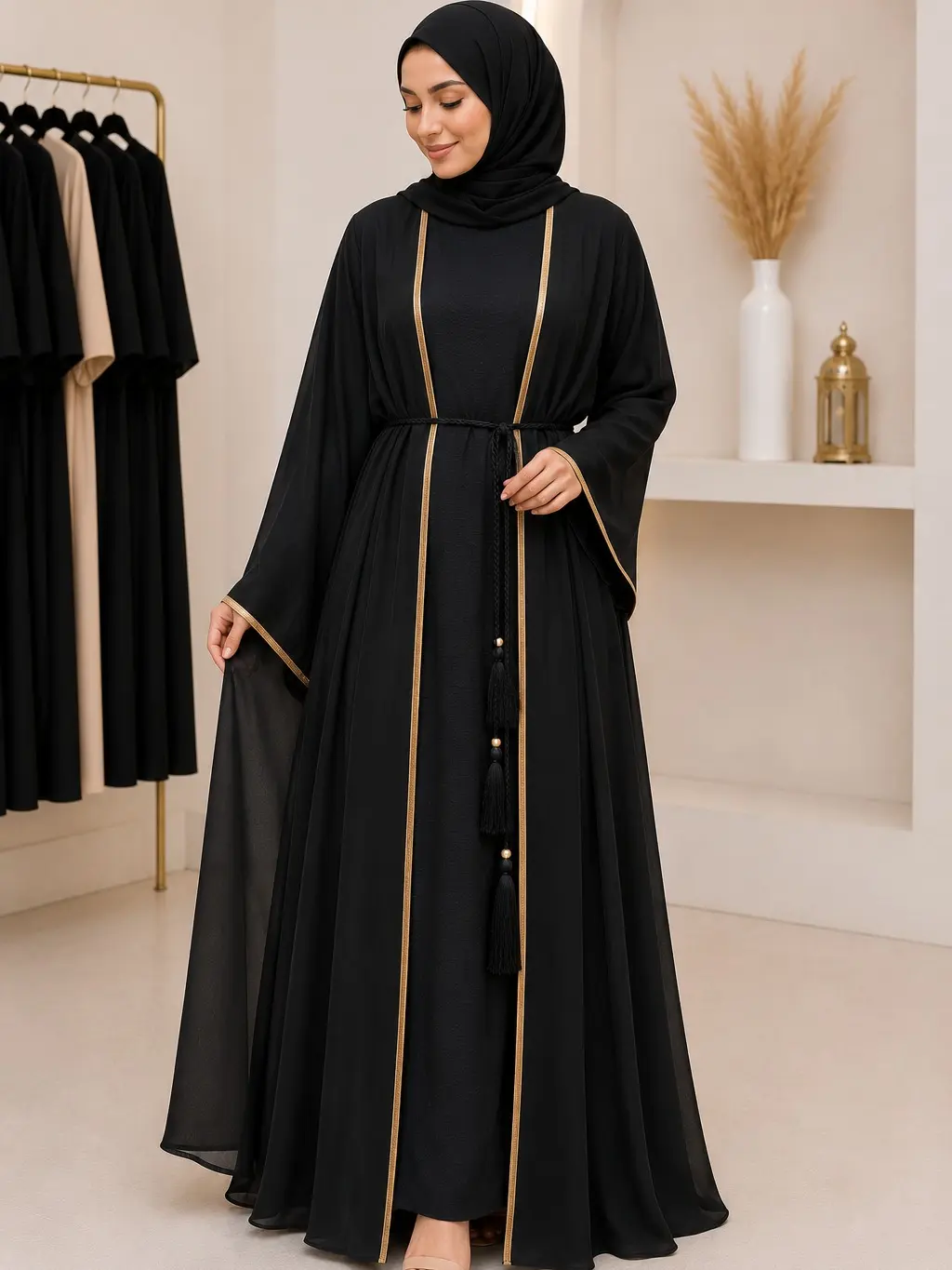 Women's Elegant Black Open Islamic Abaya Dress Set - Gold Trim, Tassel Belt, Size 56, Loose Fit Modesty Abaya, Muslim Islamic Clothing, Muslim Dresses, Modest Fashion Camping Essential