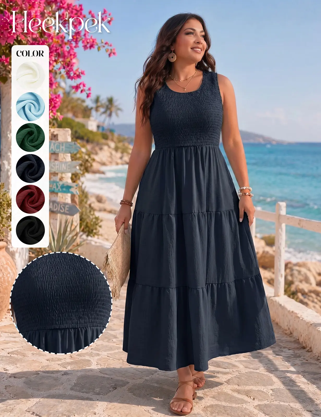 HEEKPEK Women's Plus Size Soft Breathable Comfortable Boho Maxi Dress - Sleeveless Smocked High Waisted Casual Beach Summer Sundress with Pockets, Elegance, Fabric, Pleated, Sun Dress, Plussize, Solid, Midi Dress