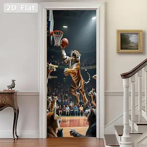 Creative Tiger Basketball Door Sticker, Removable Art Wallpaper, Peel & Stick PVC Wall Decal, Vinyl Wall Stickers, Home Office Decoration, 38.5CM*200CM*2PCS/45CM*200CM*2PCS