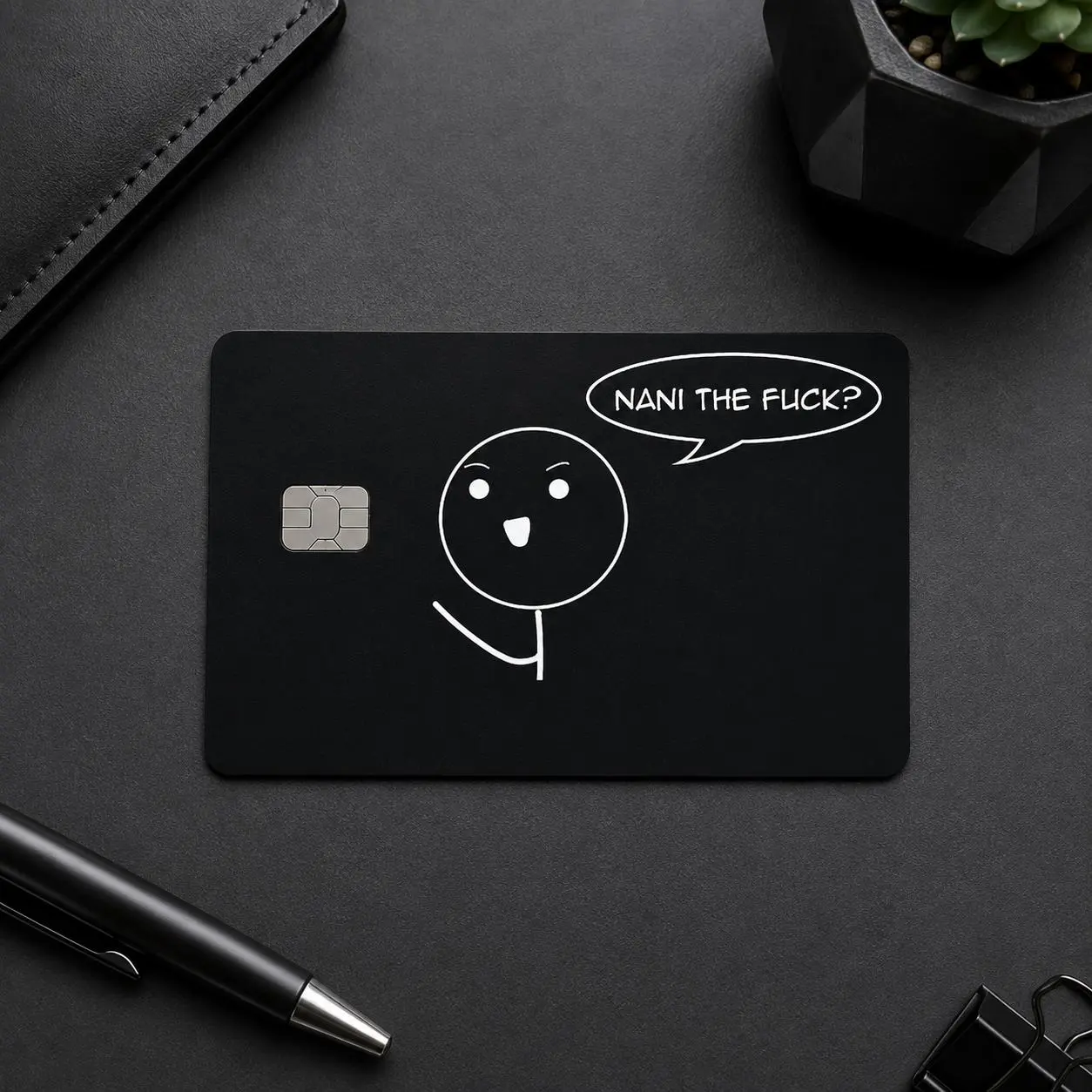 Funny Credit Card Skin Sticker – Confused Stickman Nani Meme Design – Funny Anime Reaction Humor Style – One-Sided Rectangle Chip Card Cover