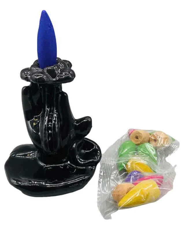 Flower &amp; Hand Backflow Incense Burner — 3.5" Cascading Smoke Holder