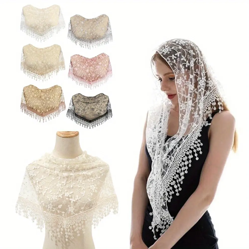6PCS Veils for Church Catholic Mass Veils for Women Catholic Lace Triangle Mantilla Chapel Floral Tulle Scarf summerwins